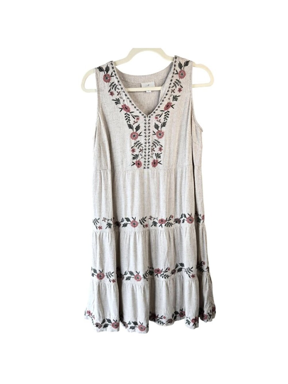 J Jill Mini Shift Dress Small Linen Blend Embroidred Boho Peasant Cottage Tiered